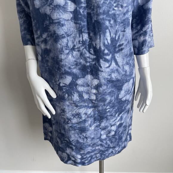 J Jill 3/4 Sleeves 100% Linen Shift Dress 10 Blue Hawaiian Tropical Palm Floral - Picture 3 of 15